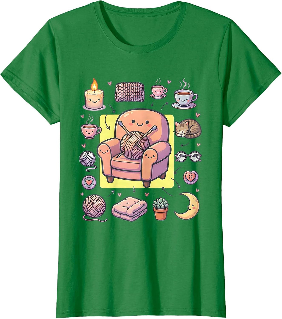 Women's Cozy Grandma Knitting Candlelight Illustration T-Shirt - Kelly Green
