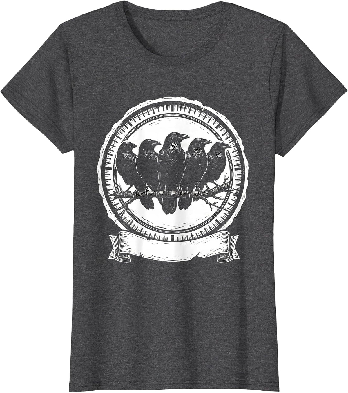 Women's Five Crow Silhouettes Dark Humor Gothic Nature T-Shirt - Dark Heather Grey