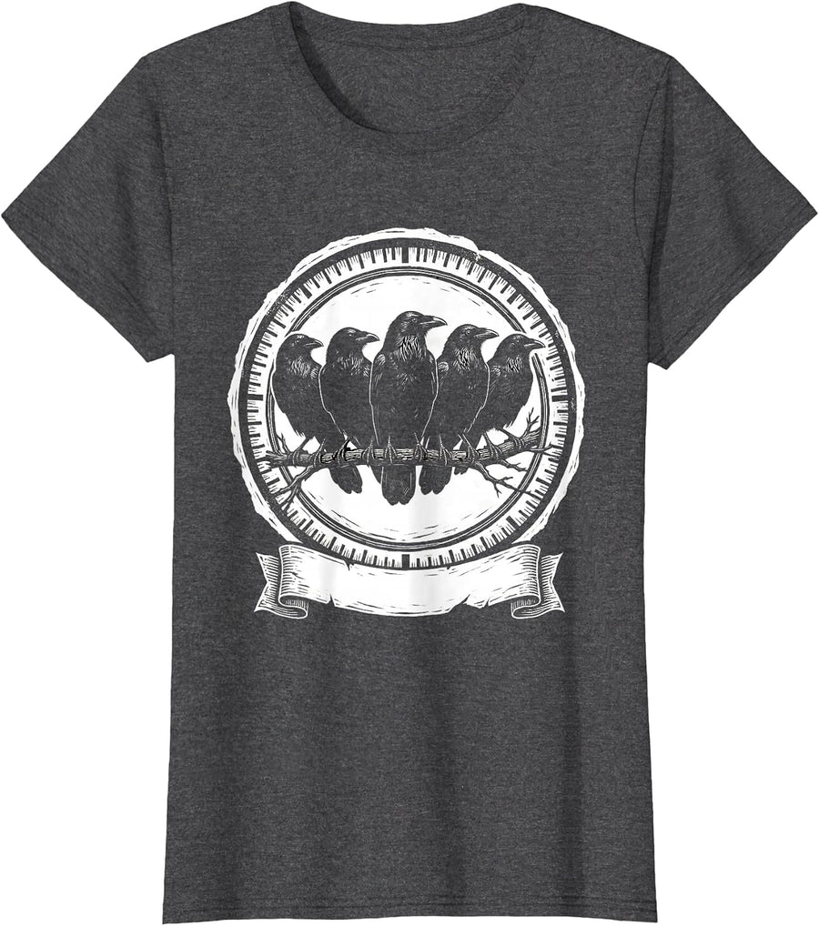Women's Five Crow Silhouettes Dark Humor Gothic Nature T-Shirt - Dark Heather Grey