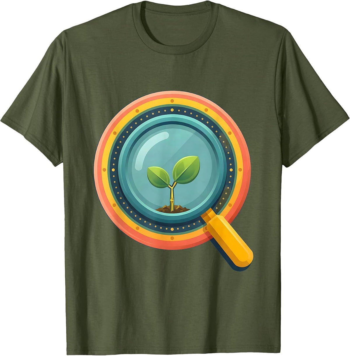 Men's First Grade Teacher Magnifying Glass Seedling T-Shirt - Olive Green