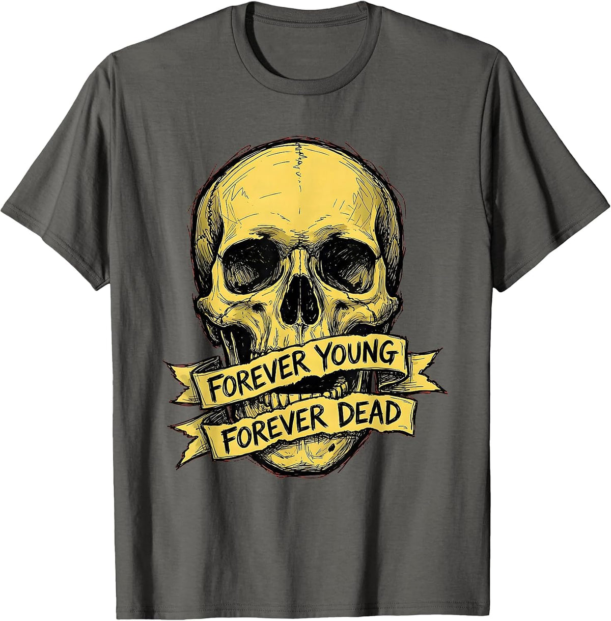 Forever Young Forever Dead Skull Graphic Design T-Shirt - Asphalt Grey