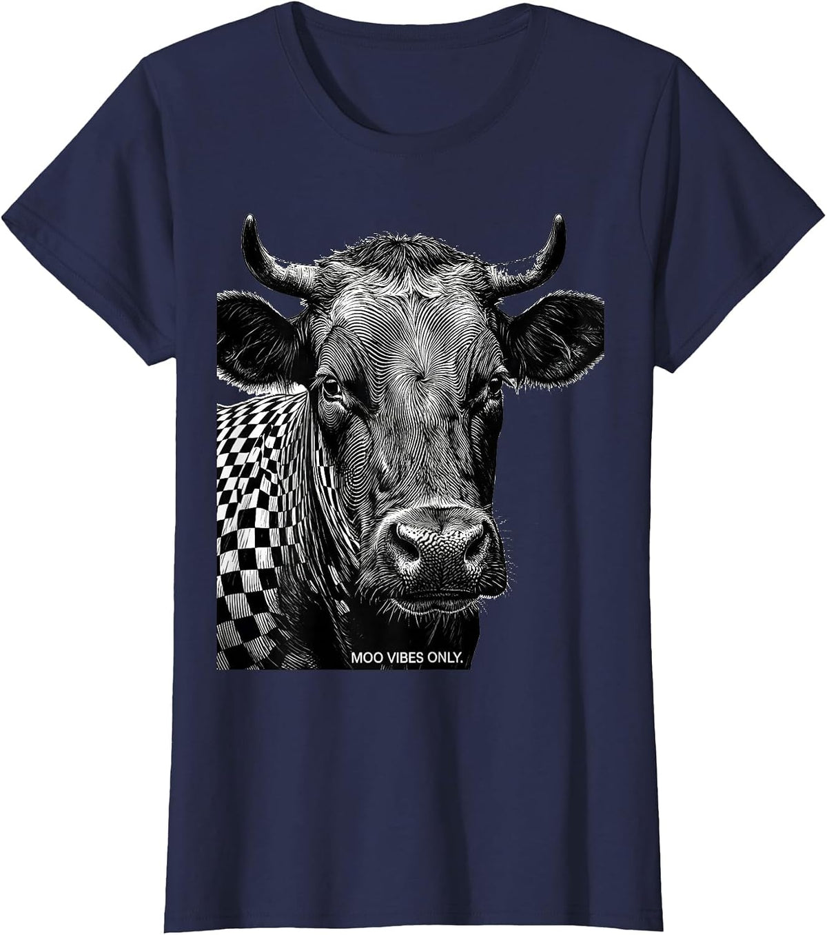 Women's Moo Vibes Only Cow Print Graphic Design T-Shirt - Navy Blue