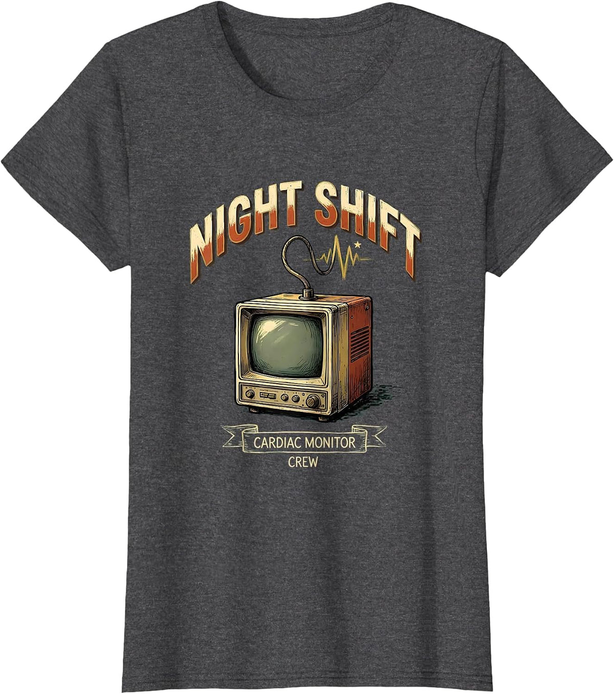 Women's Night Shift Cardiac Monitor Crew Funny Cardiac Tech EKG T-Shirt - Dark Heather Grey
