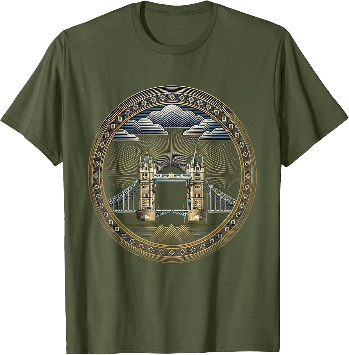Men's Brooklyn Bridge Stormy Sky New York Illustration T-Shirt - Olive Green