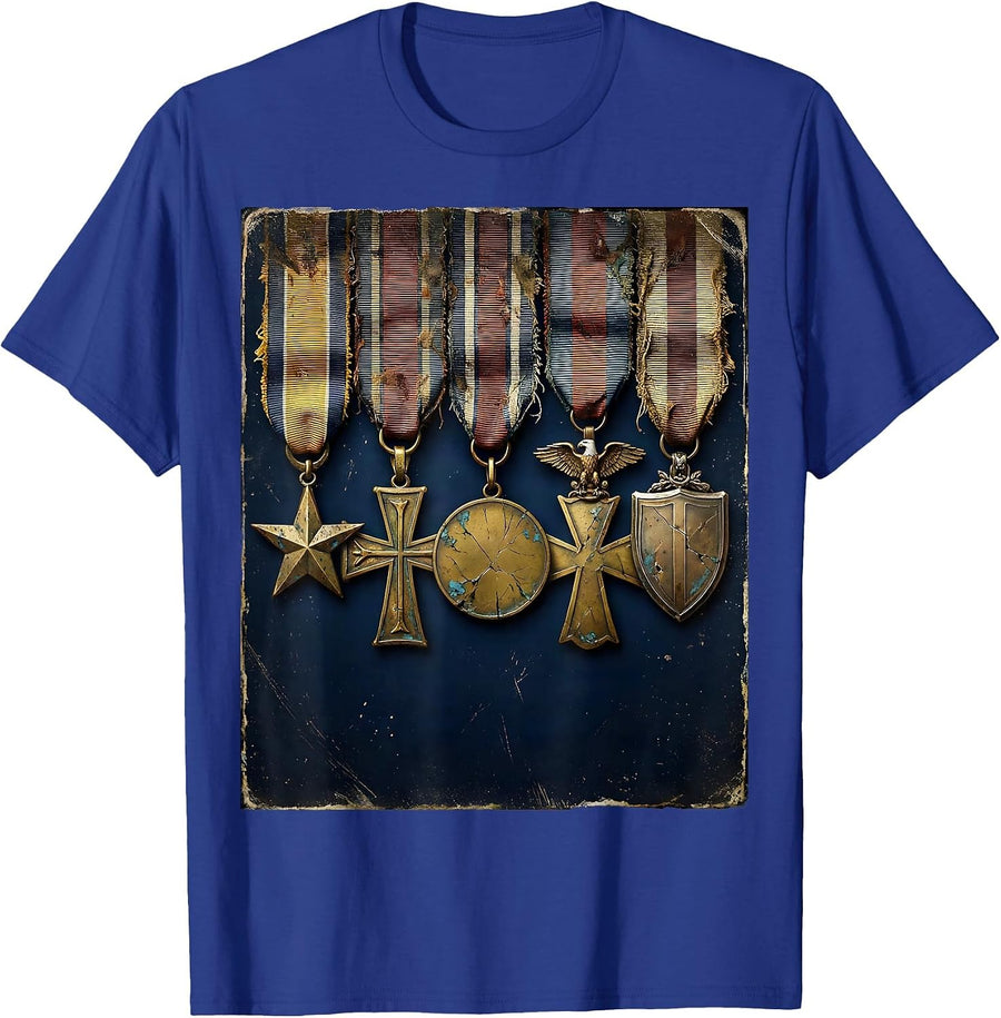Military Medals Dress Uniform Veteran Graphic T-Shirt - Royal Blue