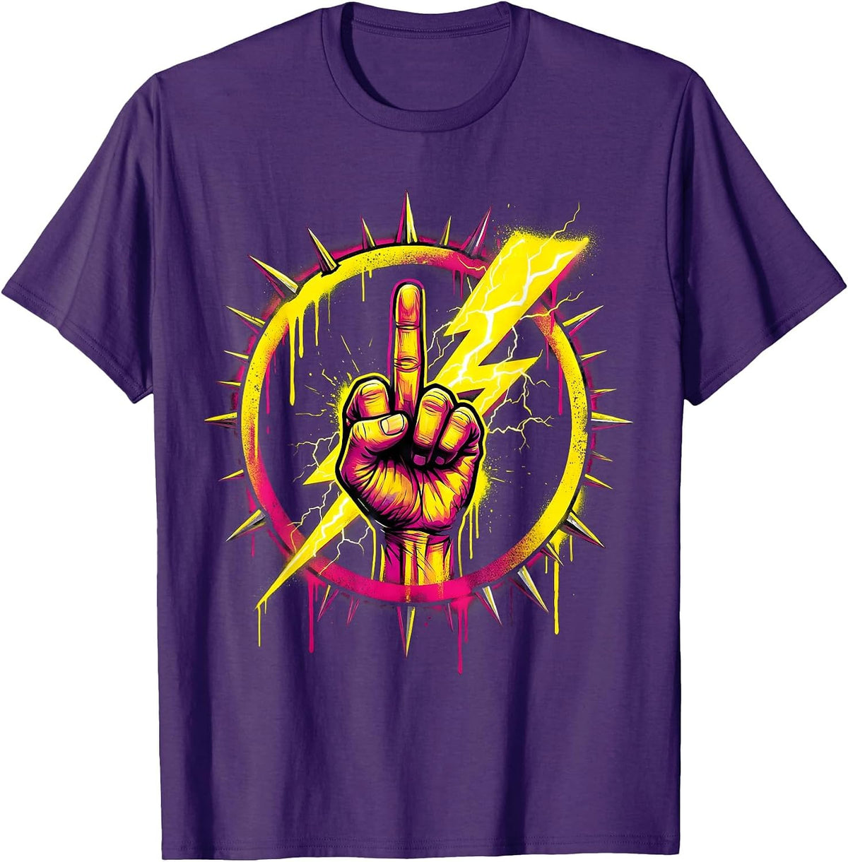 Men's Middle Finger Lightning Bolt Graphic Design T-Shirt - Purple