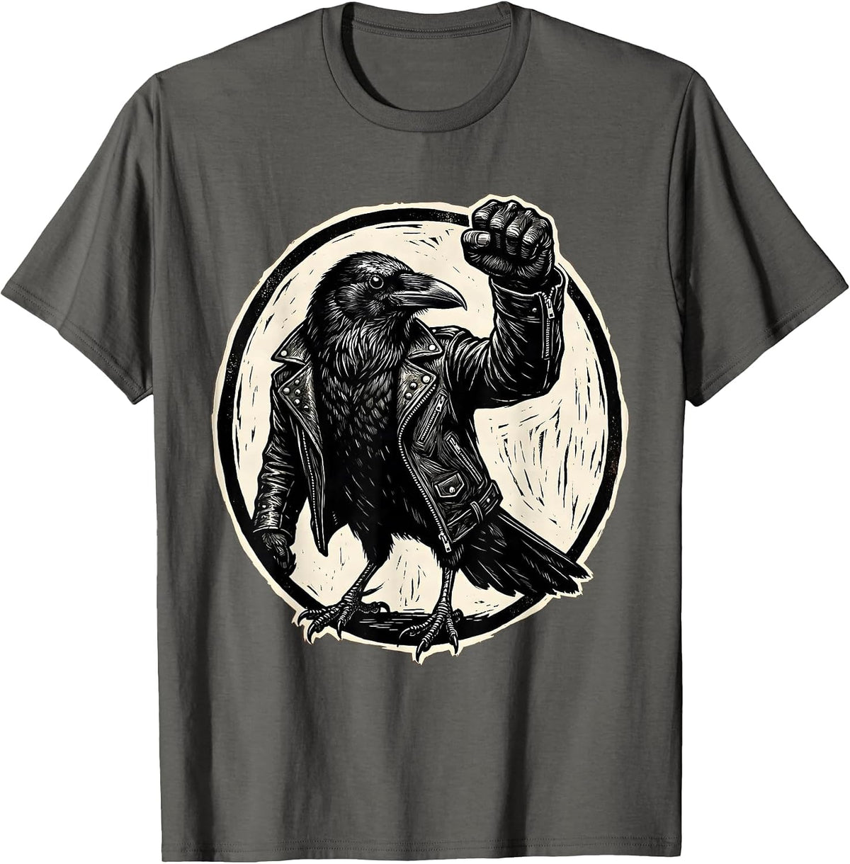 Rebel Crow Leather Jacket Raised Fist Design T-Shirt - Asphalt Grey