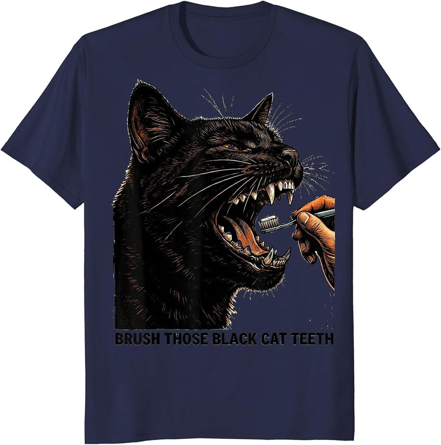 Brush Those Black Cat Teeth Linocut Funny Dental Hygienist T-Shirt - Navy Blue