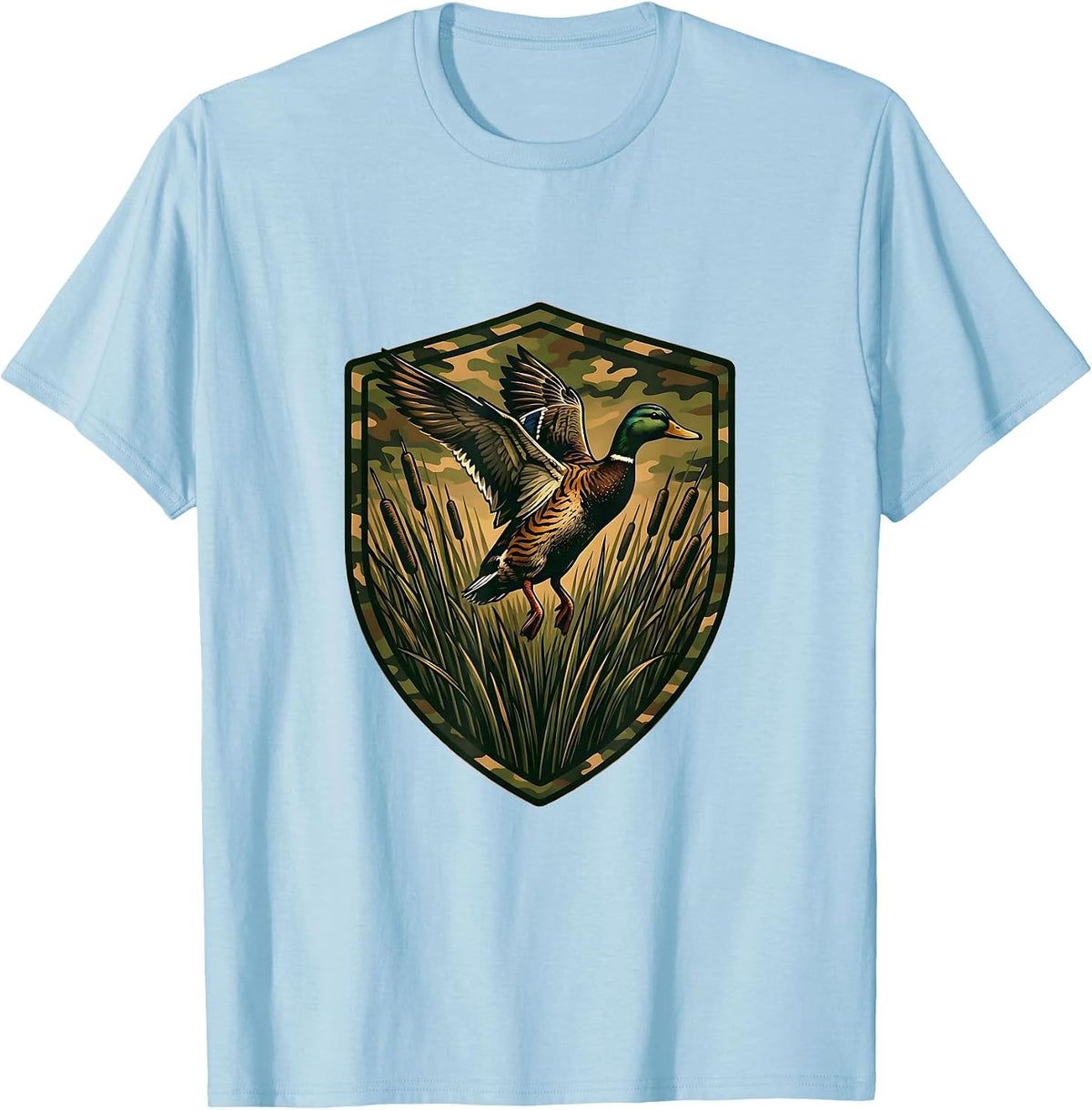 Men's Camo Duck Hunter Emerging From Reeds Illustration T-Shirt - Baby Blue