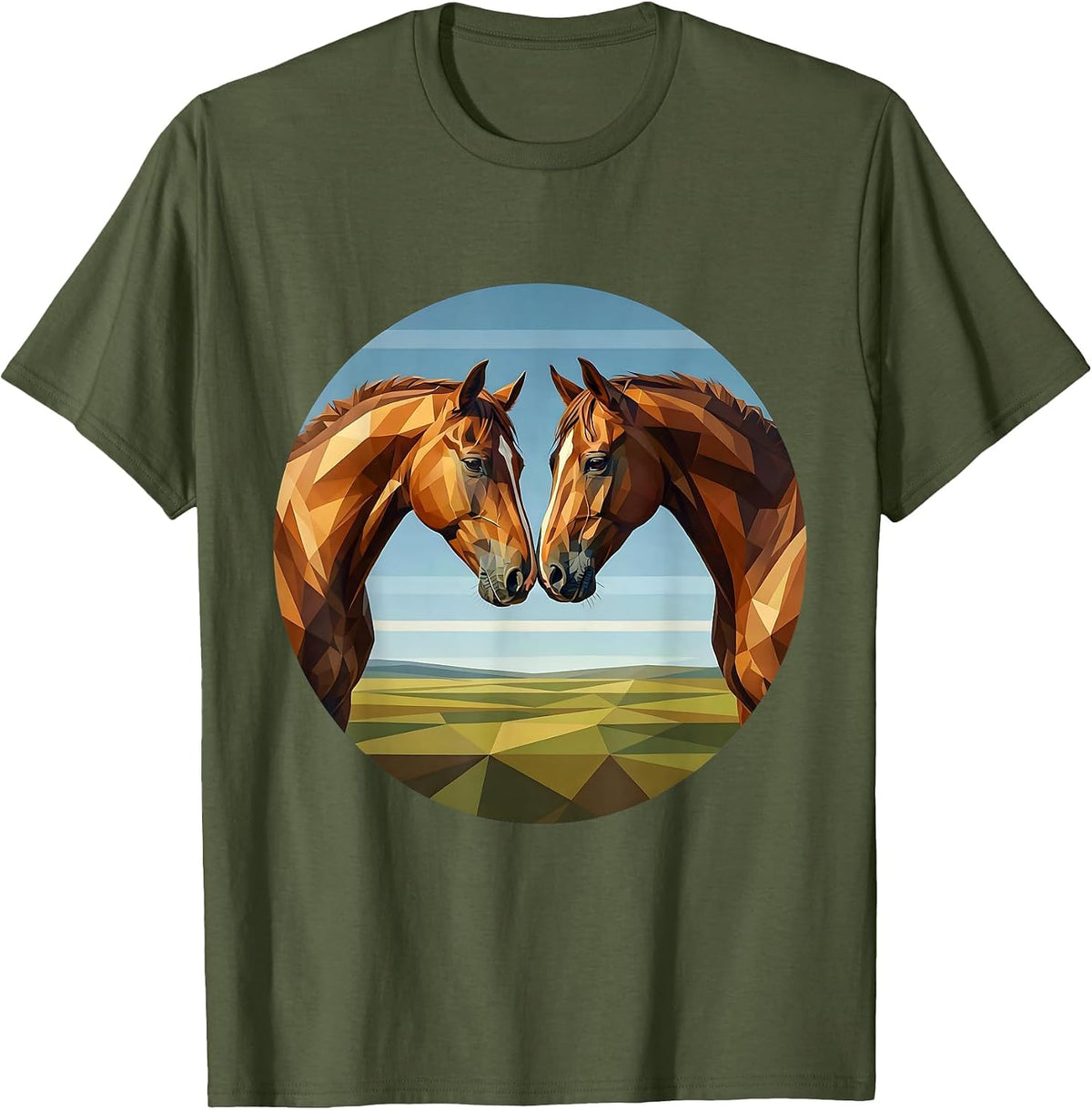 Two Horses Touching Noses Sweet Equine Art T-Shirt - Olive Green