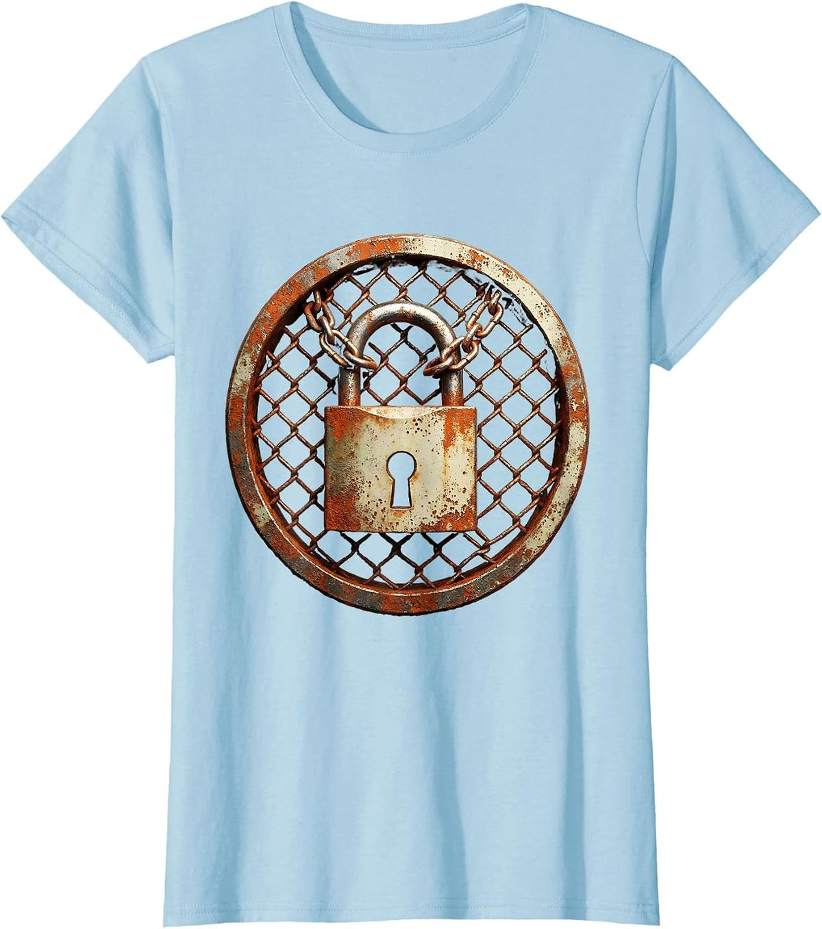 Grunge Chained Padlock Rusted Fence Graphic T-Shirt - Baby Blue