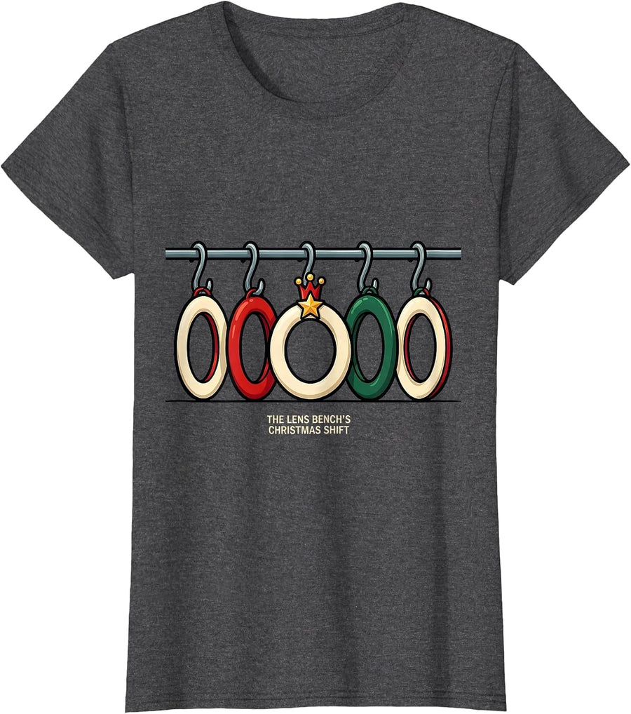 Women's The Lens Bench's Christmas Shift Cartoon Optometrist T-Shirt - Dark Heather Grey
