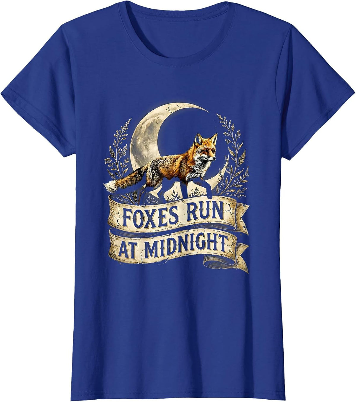 Women's Foxes Run At Midnight Mysterious Fox Design T-Shirt - Royal Blue