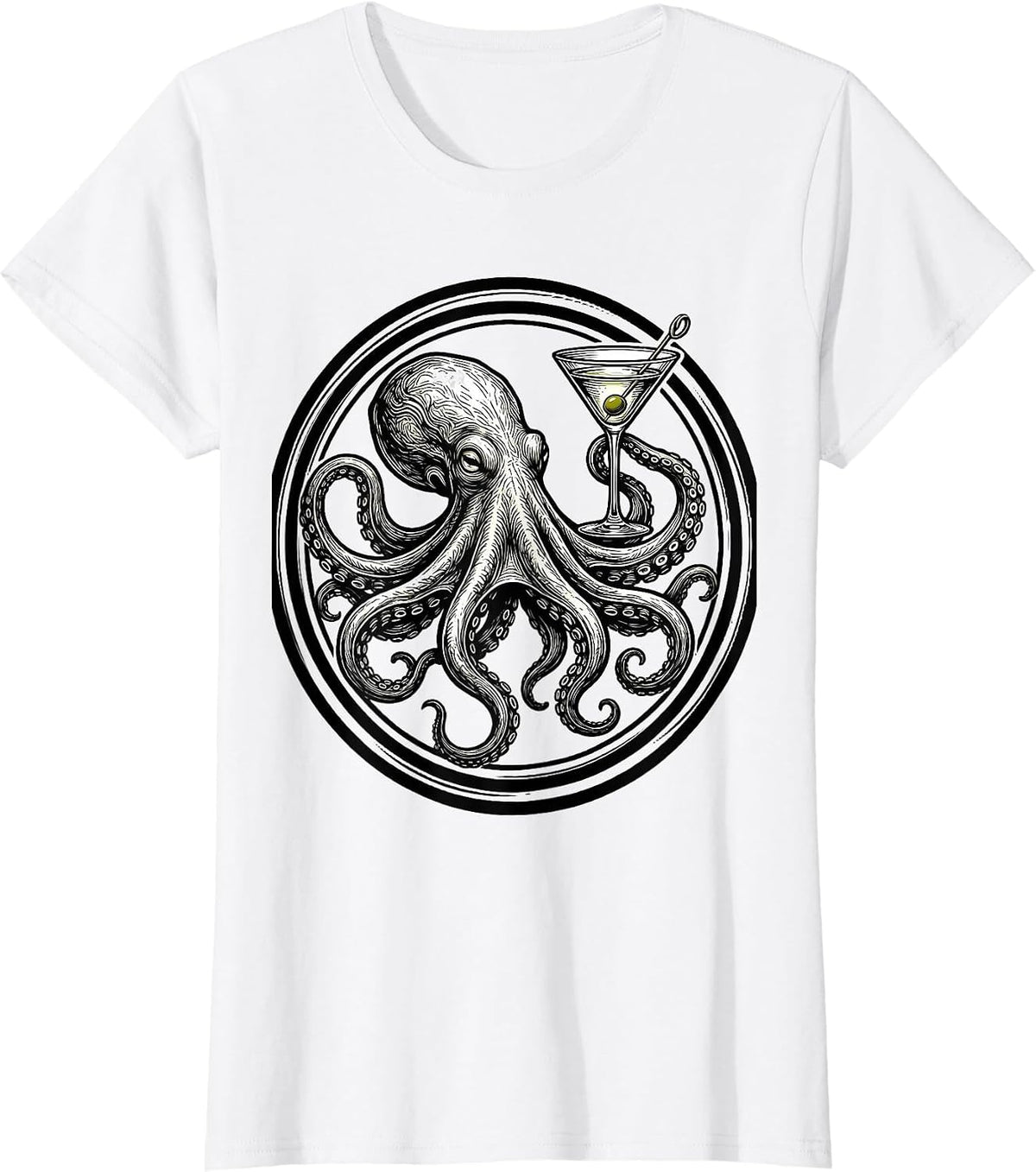 Octopus Martini Glass Cocktail Bar Art T-Shirt - White