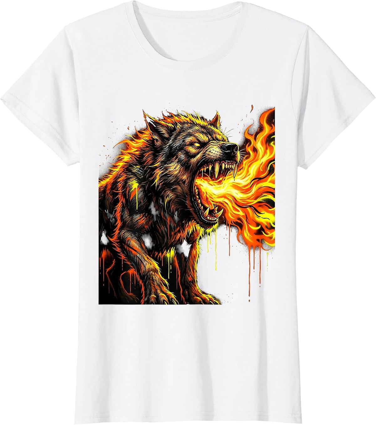 Hellhound Flames Horror Graphic Design T-Shirt - White
