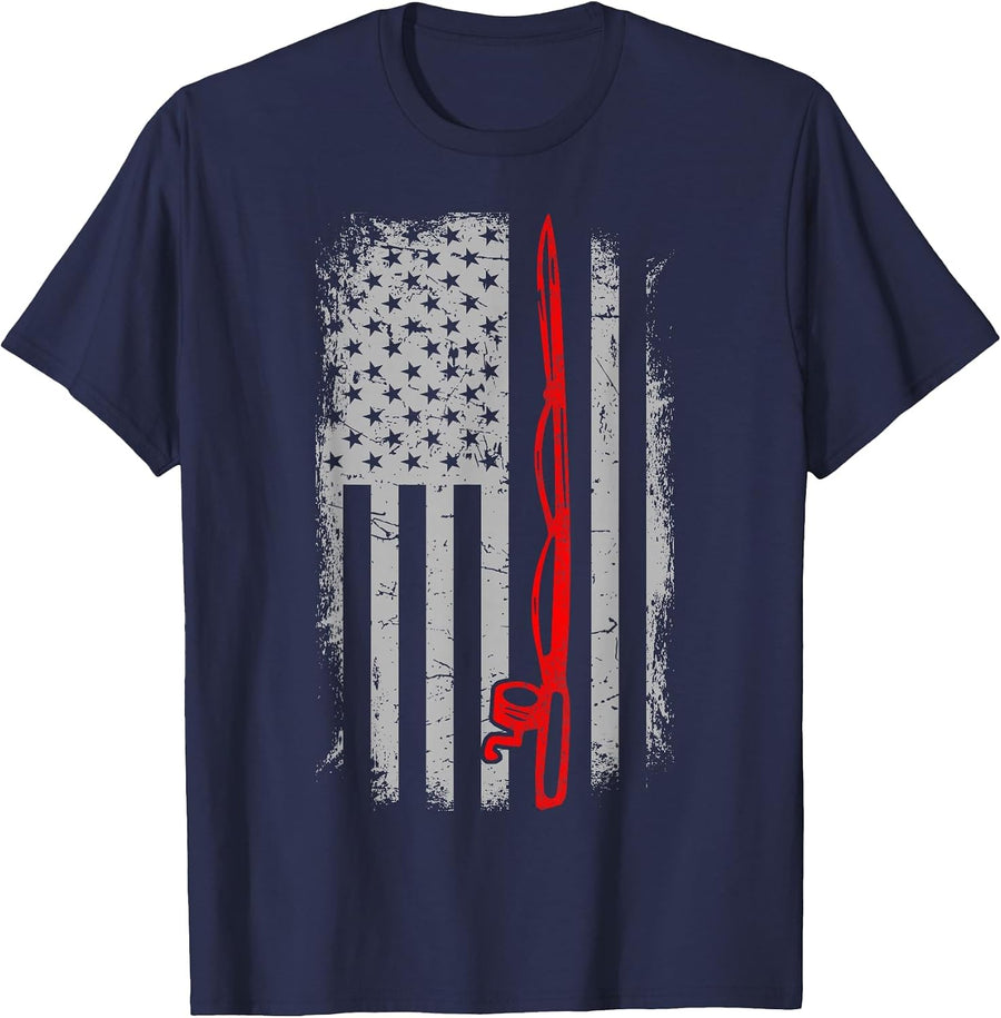 Firefighter Fisherman Shirt Red Line American Flag T-Shirt - Navy Blue