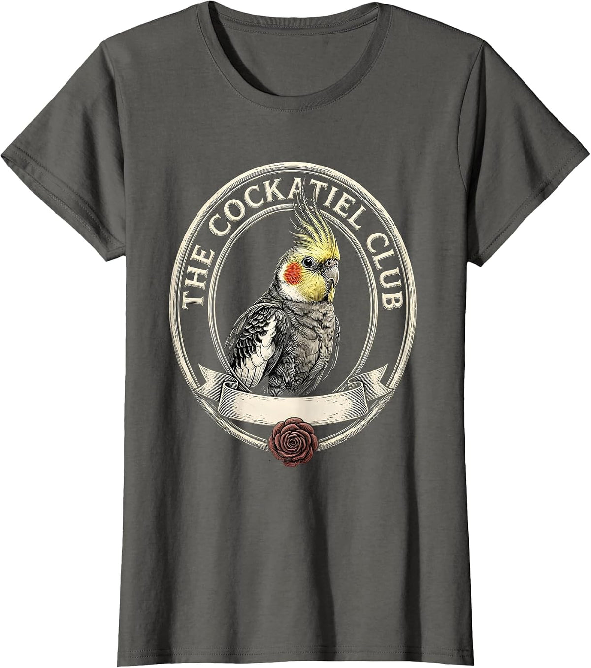 Women's The Cockatiel Club Funny Crude Novelty Club Badge Humor T-Shirt - Asphalt Grey