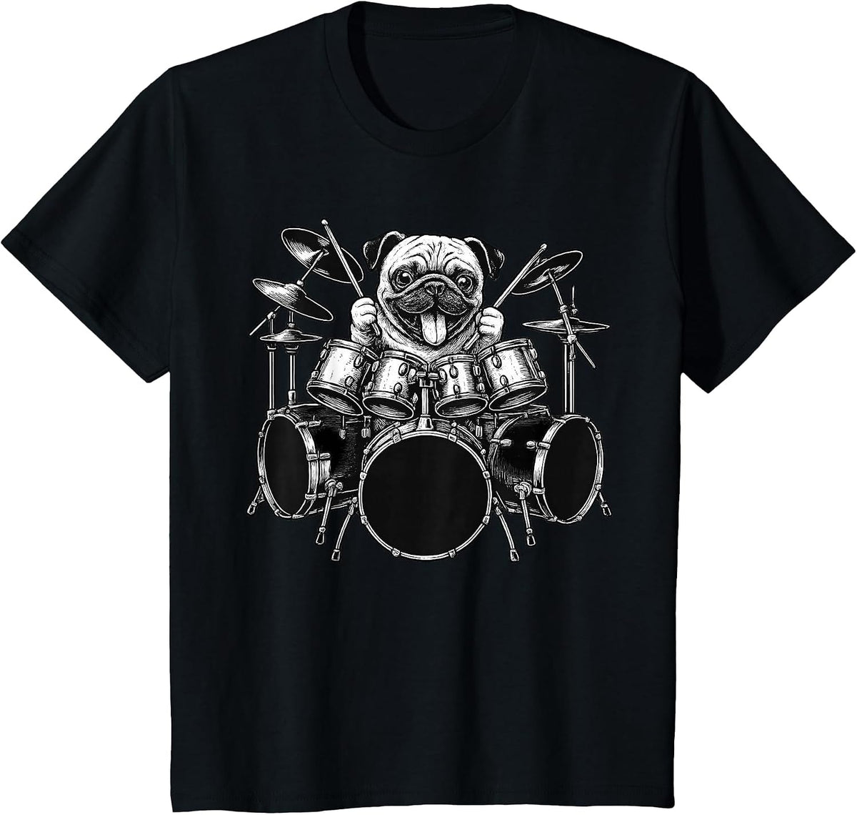 Pug Playing Drums Drummer Dog Lover T-Shirt - Black