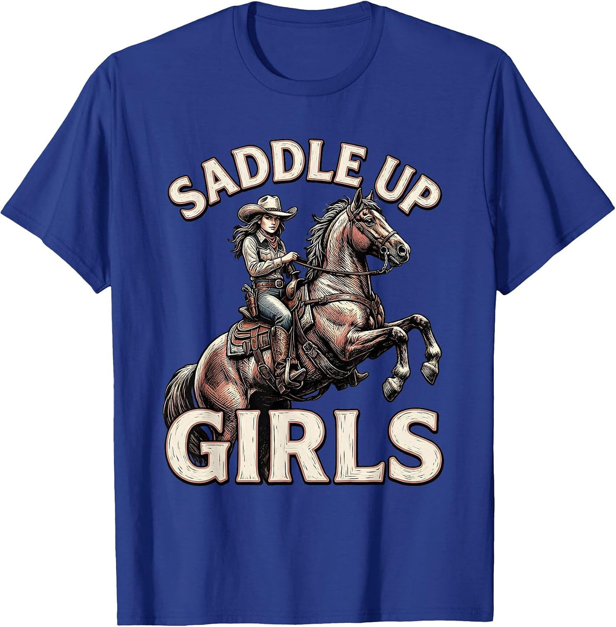 Saddle Up Girls Cowgirl Western Design T-Shirt - Royal Blue