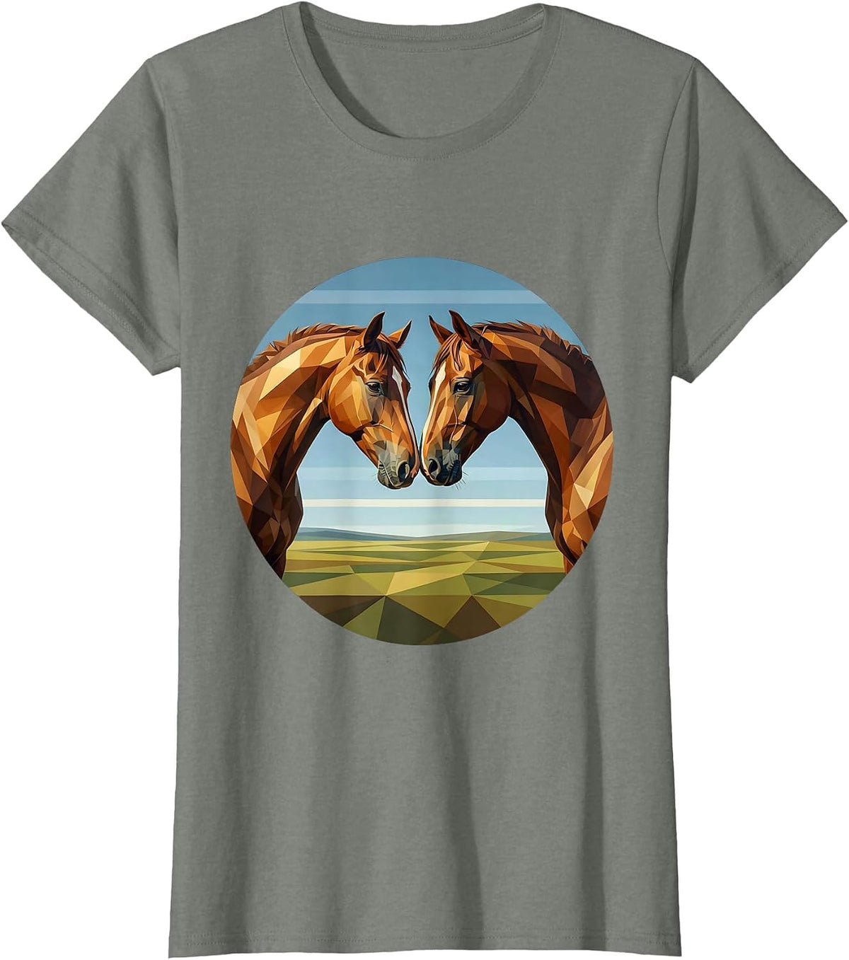 Two Horses Touching Noses Sweet Equine Art T-Shirt - Olive Heather