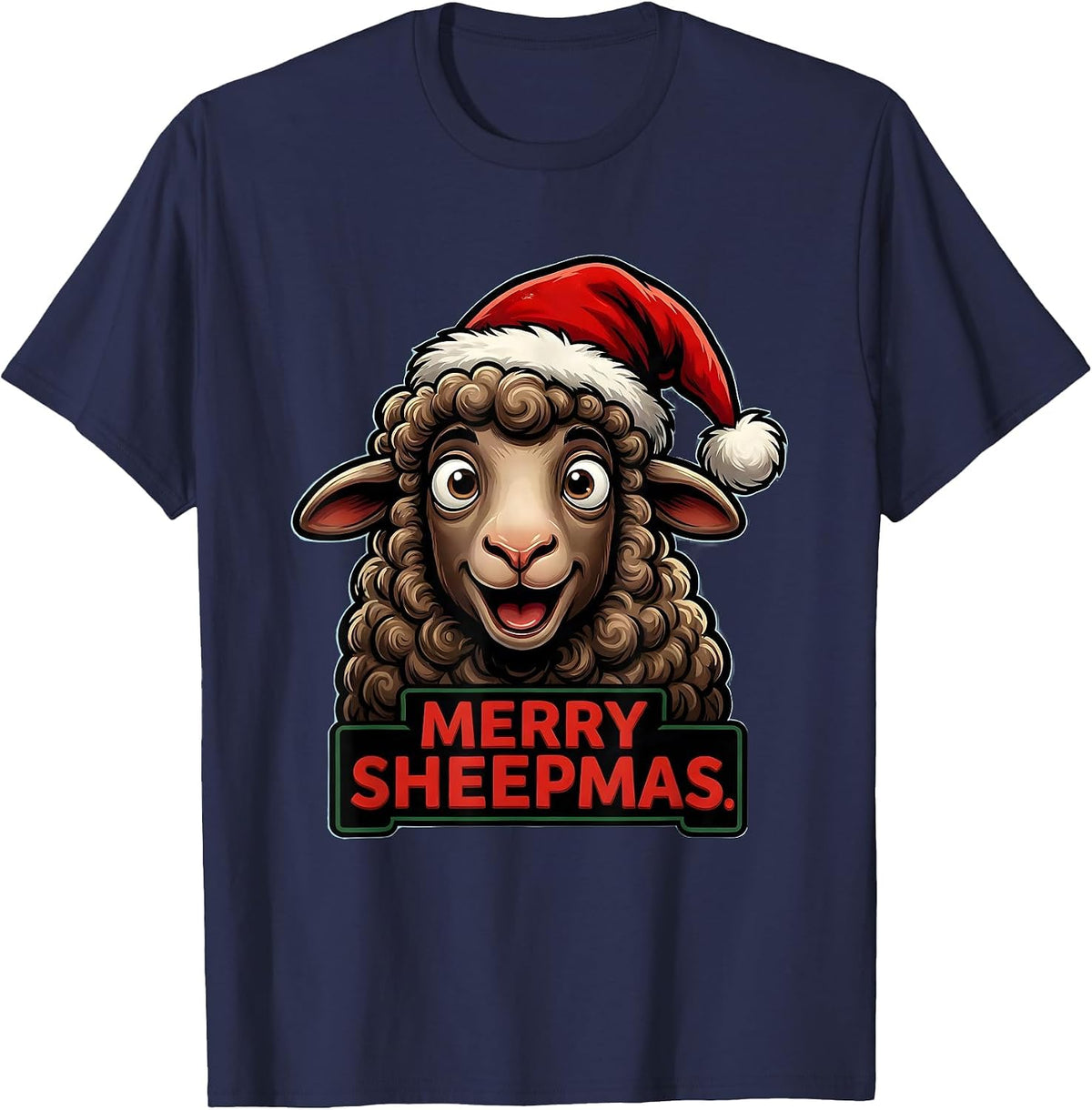 Merry Sheepmas Cartoon Sheep Santa Hat Christmas Animal T-Shirt - Navy Blue