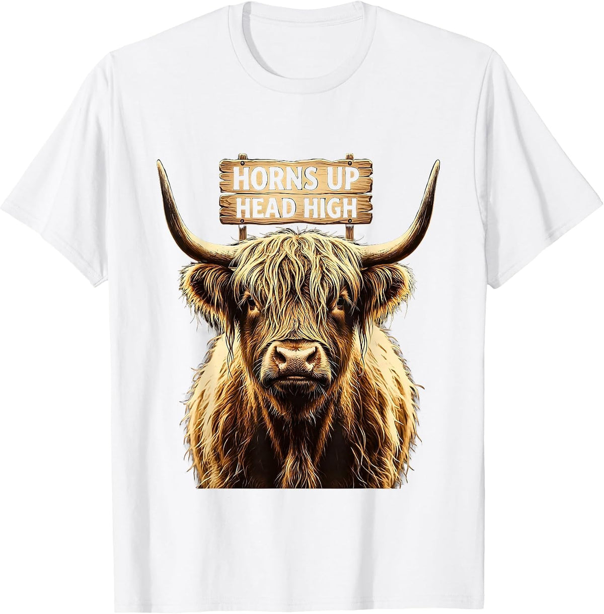 Men's Horns Up Head High Highland Cow Design T-Shirt - White