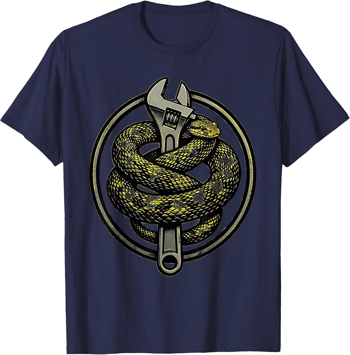 Snake Coiled Around Torque Wrench Graphic T-Shirt - Navy Blue