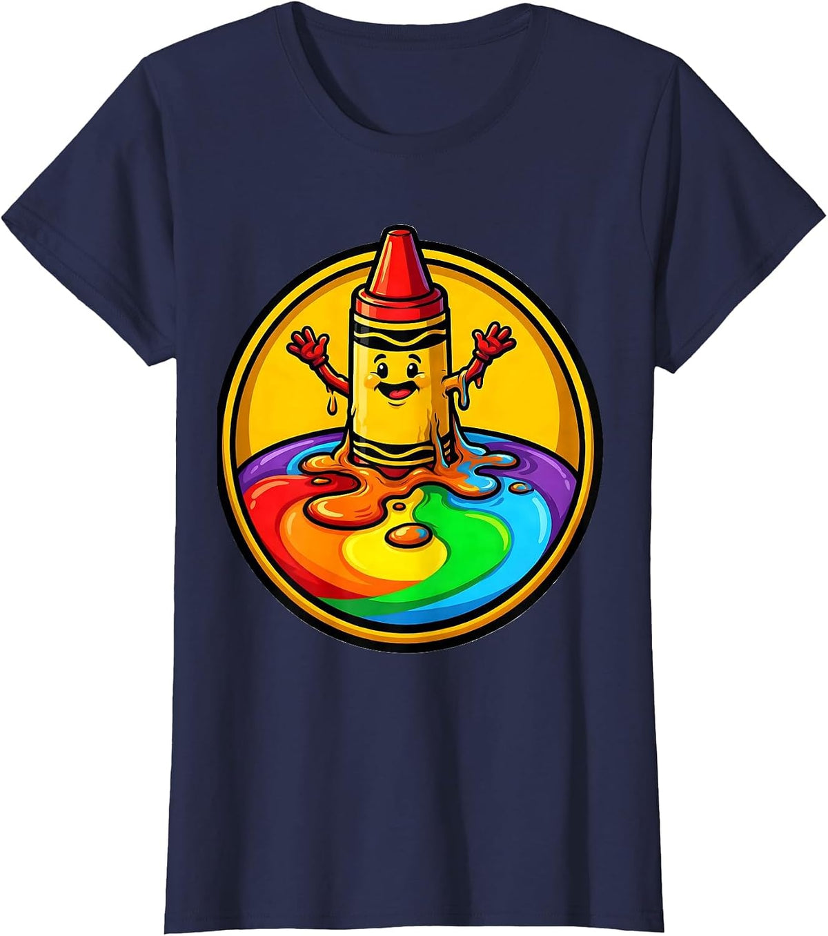 Women's Third Grade Teacher Melting Crayon Rainbow Art T-Shirt - Navy Blue