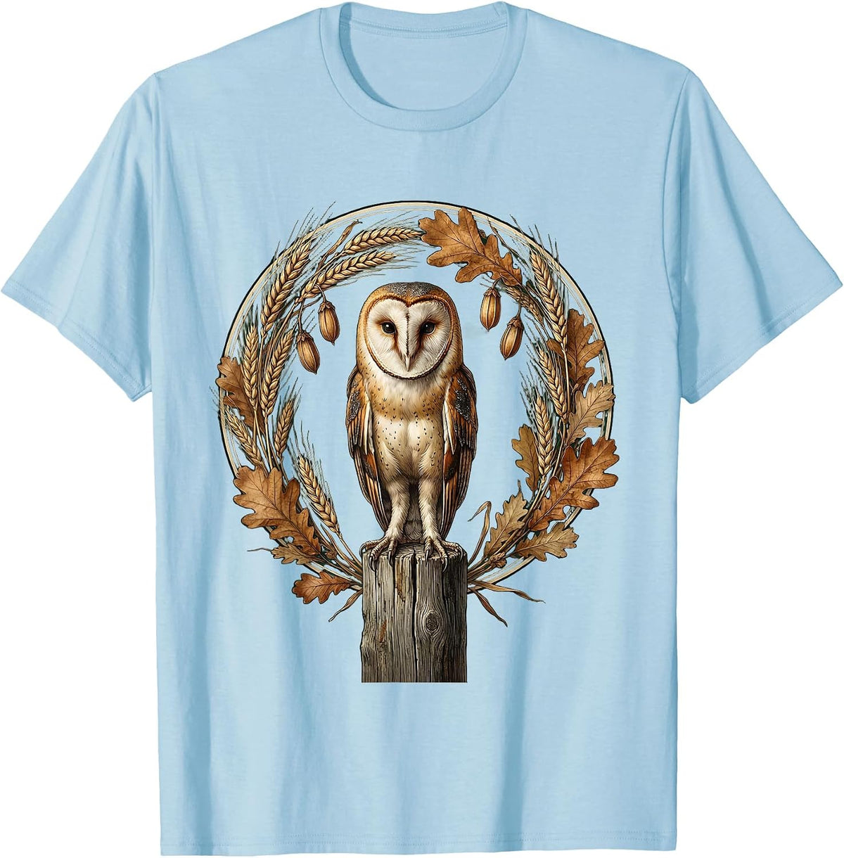 Men's Thanksgiving Barn Owl on Fence Post Illustration T-Shirt - Baby Blue