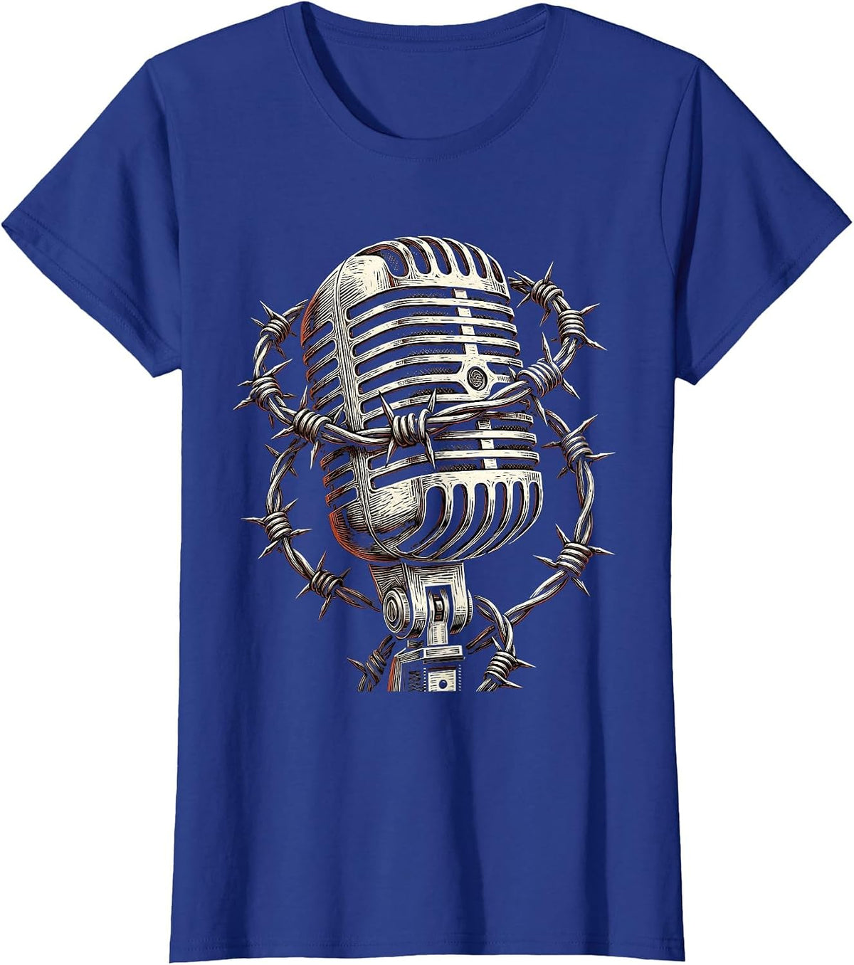 Women's Barbed Wire Microphone Grunge Illustration T-Shirt - Royal Blue