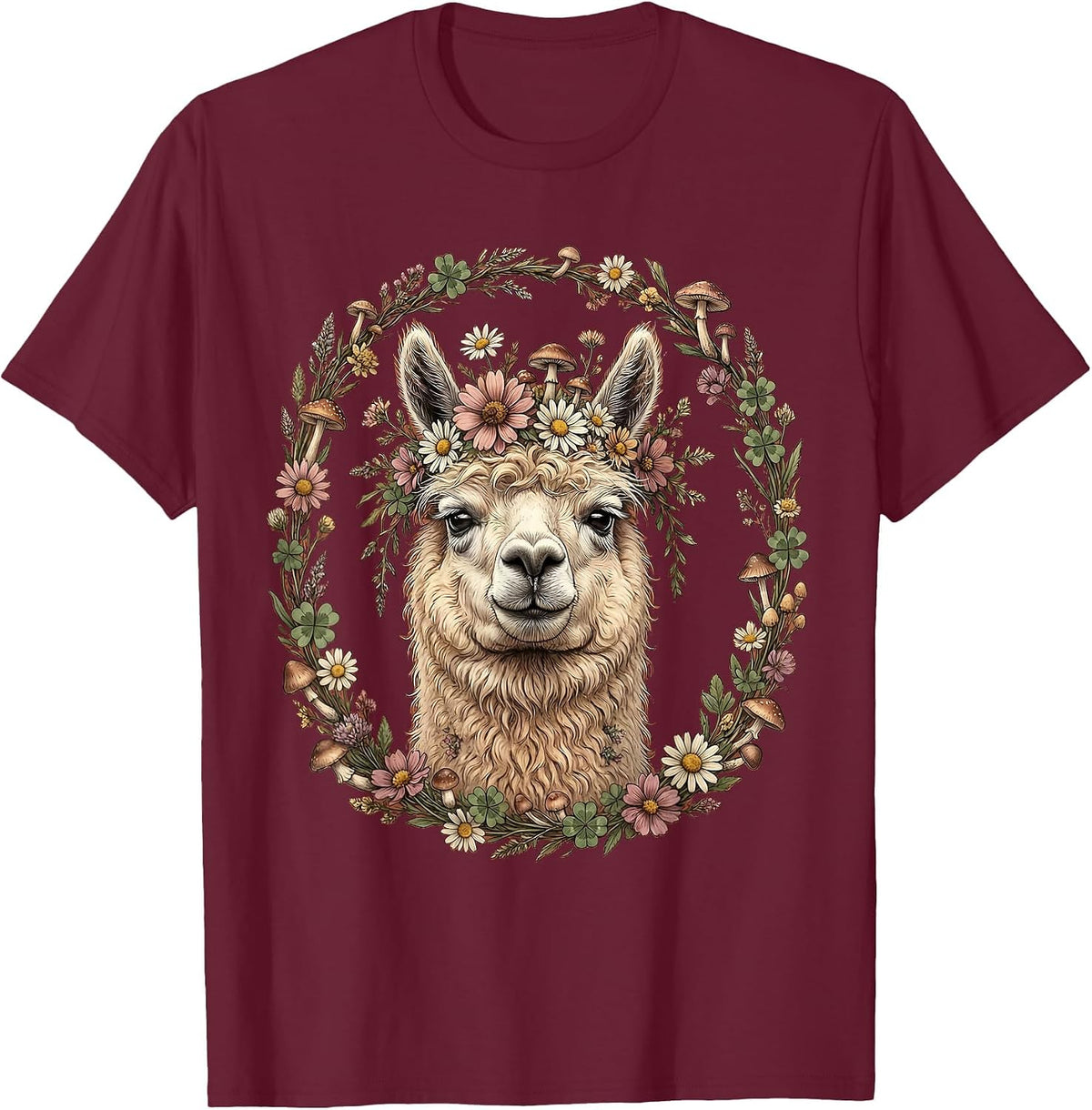 Men's Llama Flower Crown Eye Roll Funny Illustration T-Shirt - Burgundy