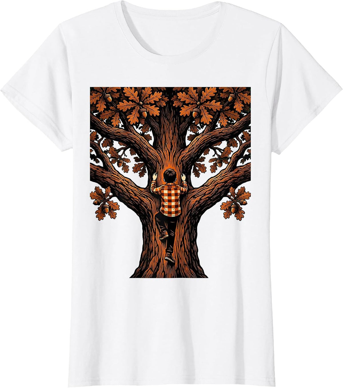 Fall Boy Climbing Oak Tree Autumn Illustration T-Shirt - White