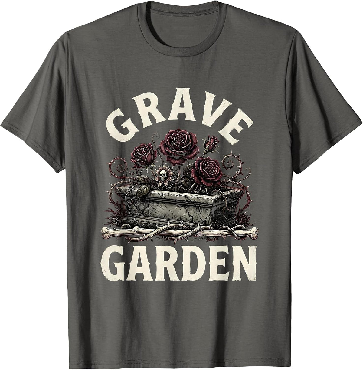 Grave Garden Horror Gothic Occult Illustration Dark Art T-Shirt - Asphalt Grey