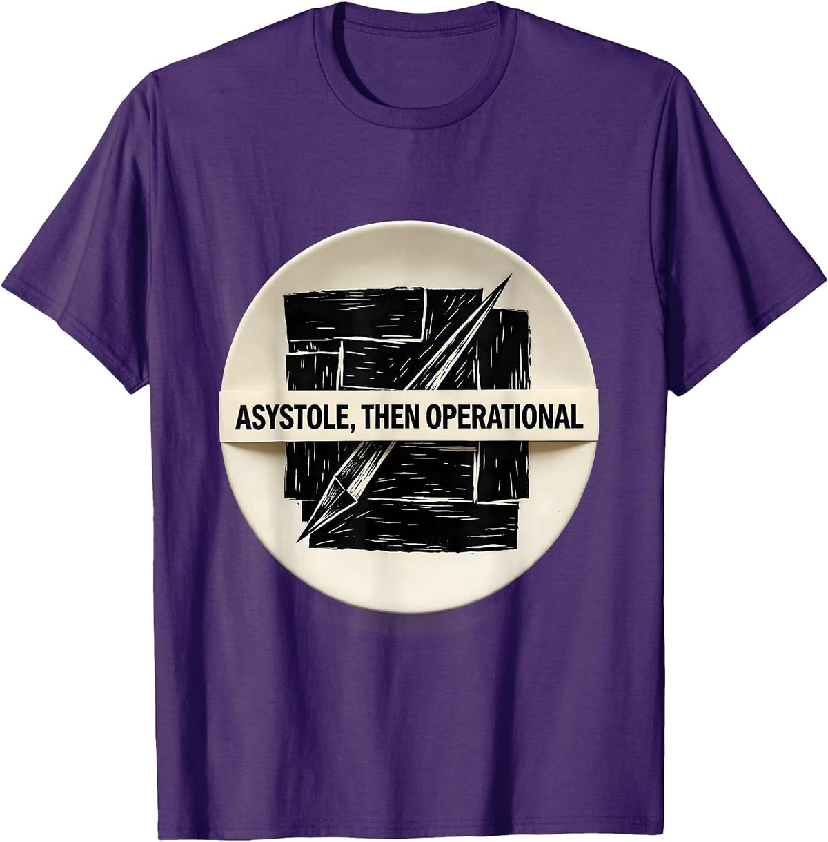Men's Asystole, Then Operational Linocut Cardiology Humor T-Shirt - Purple