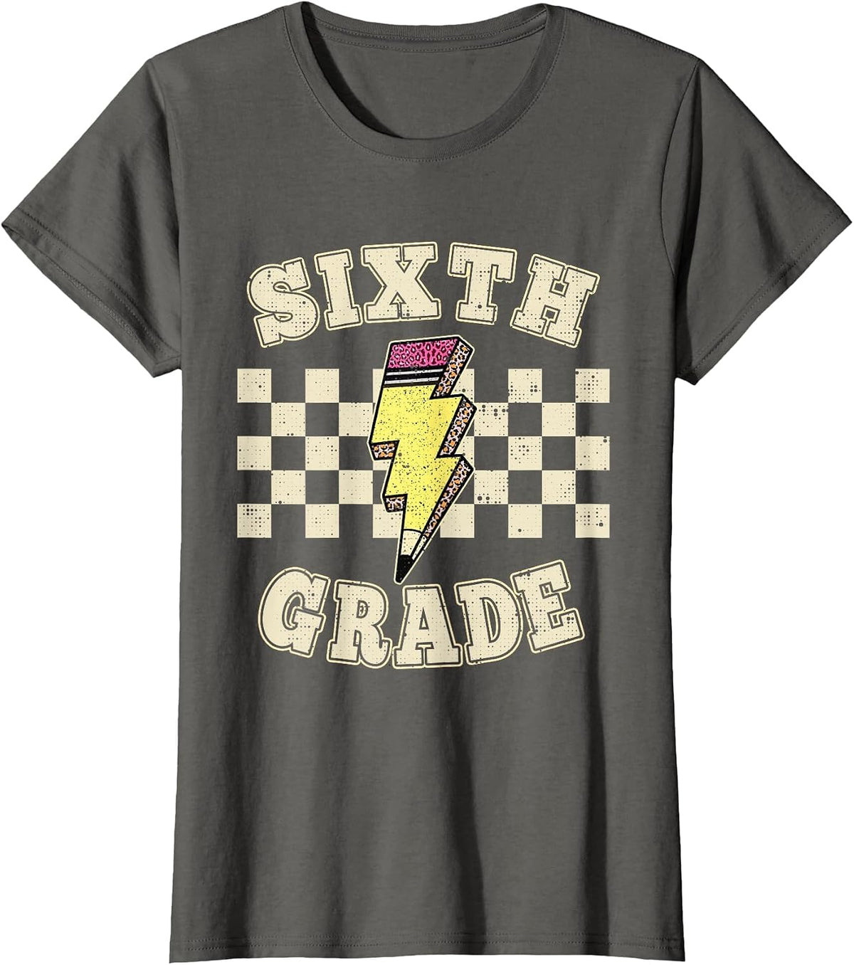 Sixth Grade Lighting Bolt Pencil Retro 6th Grade Teacher T-Shirt - Asphalt Grey