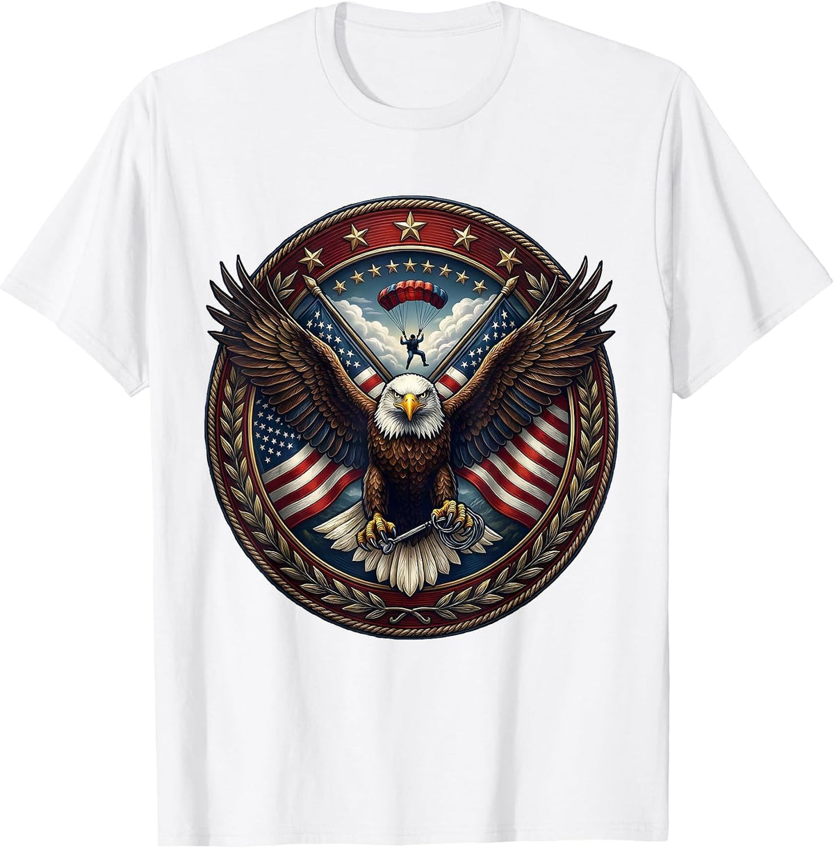 Men's Freedom Skydive Parachutist Sunlit Clouds Design T-Shirt - White