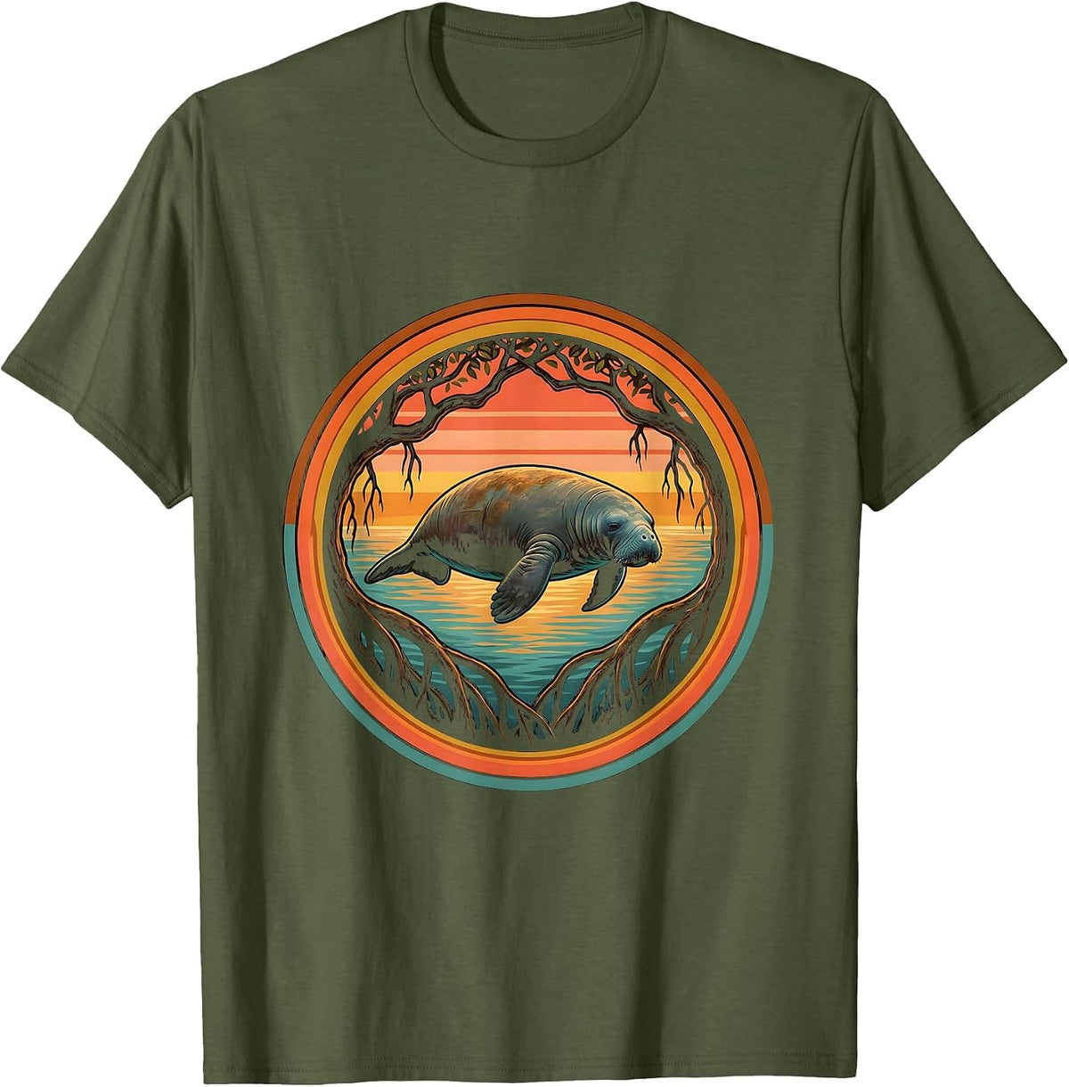 Dominican Republic Manatee Mangrove Illustration T-Shirt - Olive Green