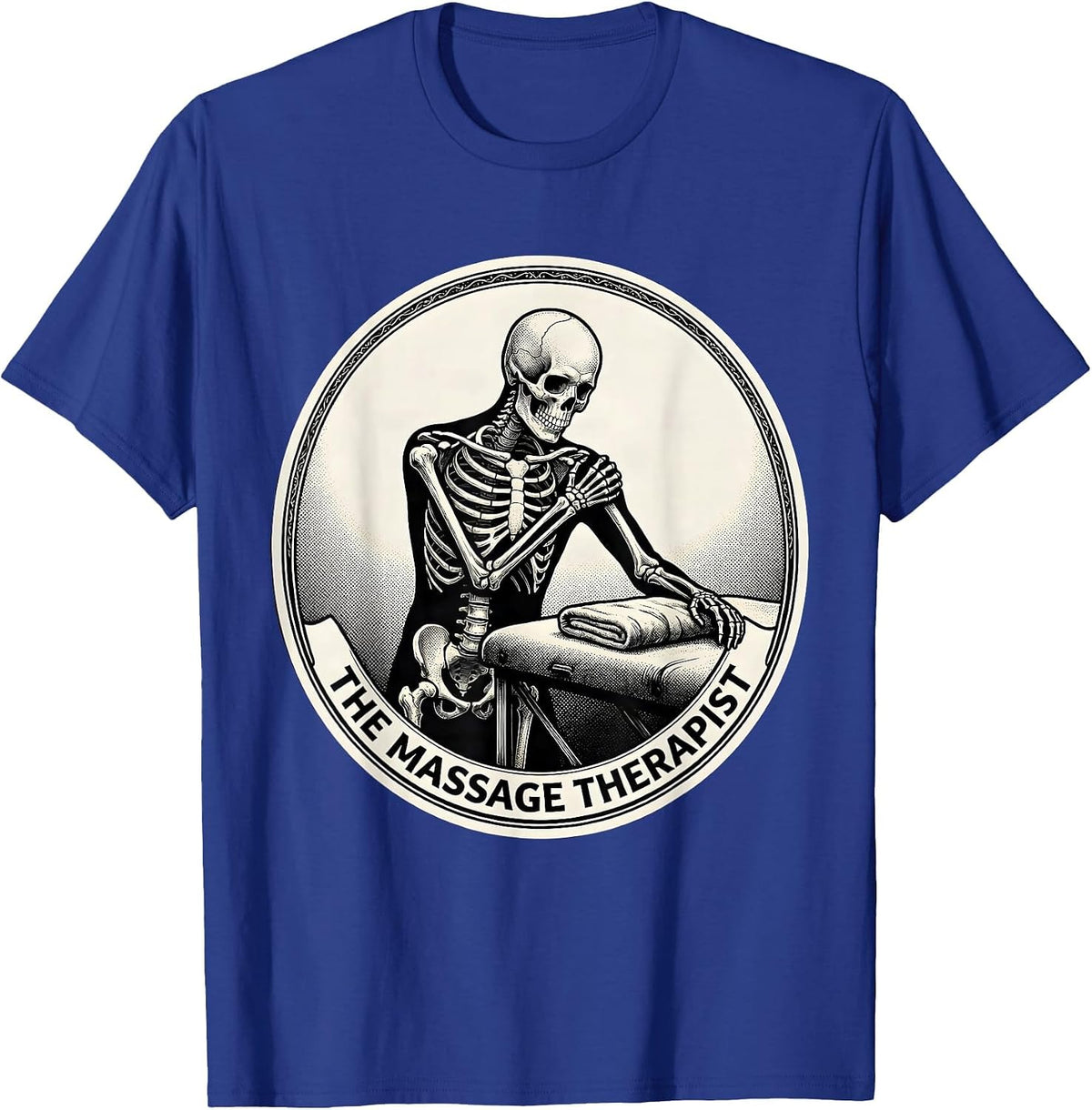 Men's The Massage Therapist Skeleton Tarot Card Halloween Humor T-Shirt - Royal Blue