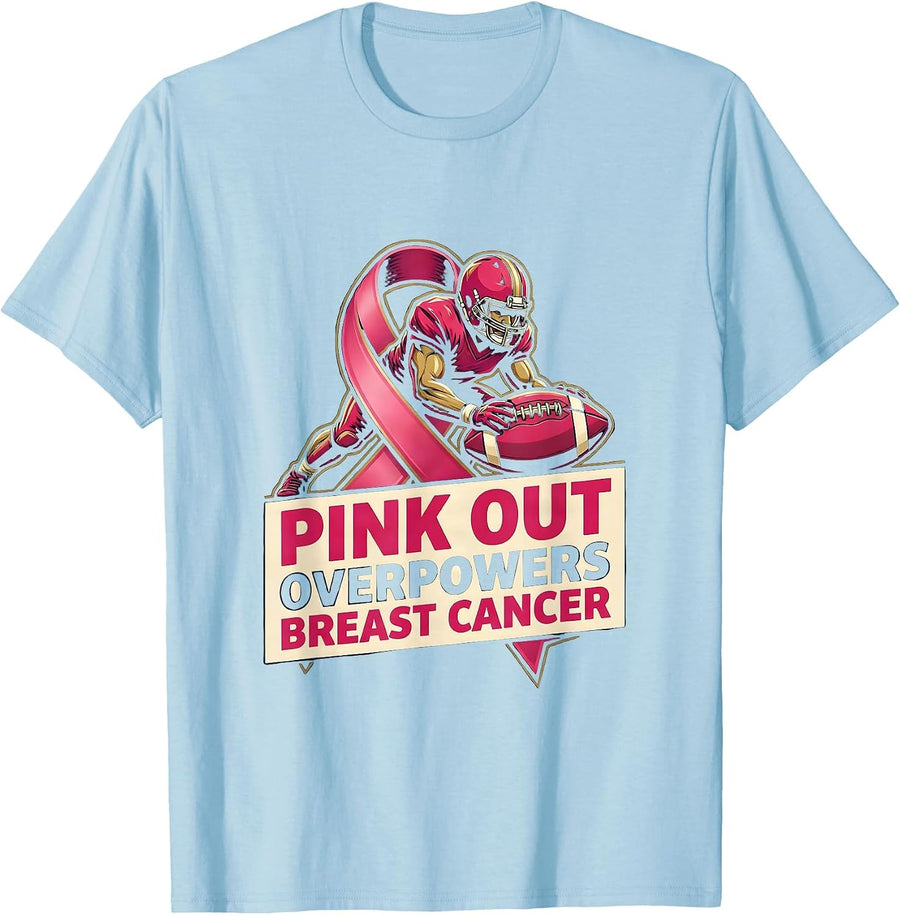 Men's Pink Out Overpowers Breast Cancer Football Pink Ribbon Kids T-Shirt - Baby Blue