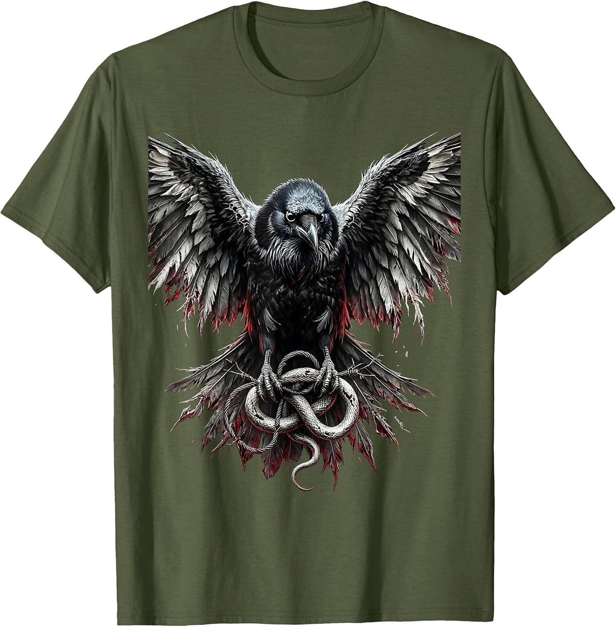 Grunge Raven Broken Guitar String Illustration T-Shirt - Olive Green