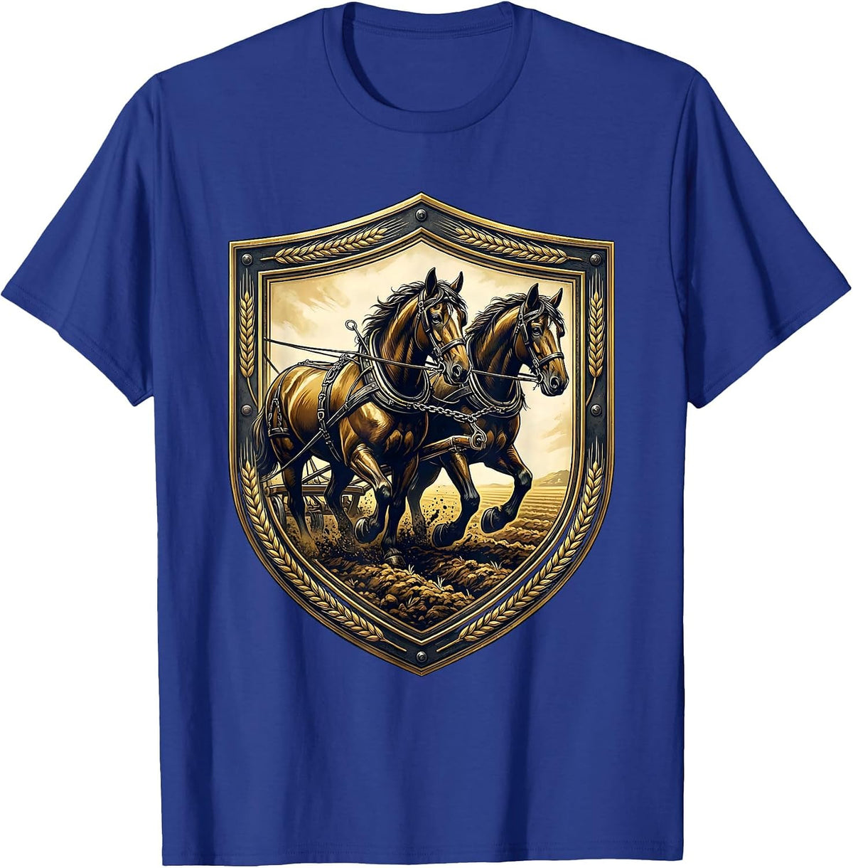 Draft Horses Pulling Plow Graphic Tee T-Shirt - Royal Blue