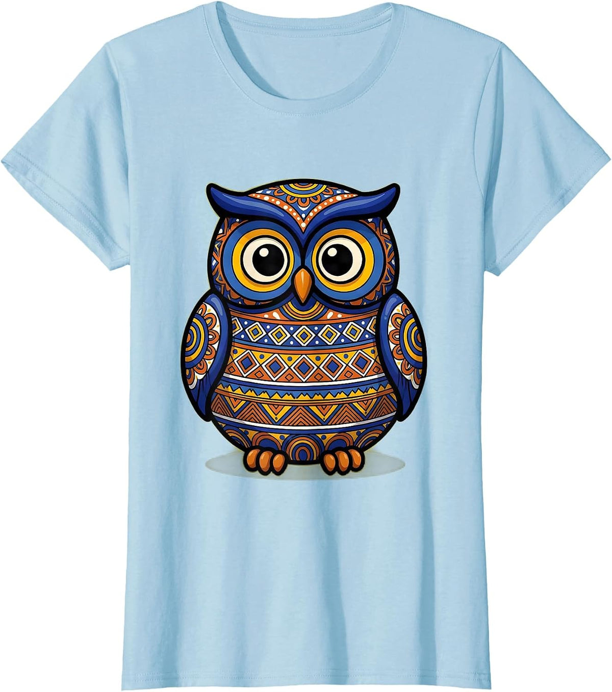 Mexican Ceramic Owl Hand Painted Folk Art Design T-Shirt - Baby Blue