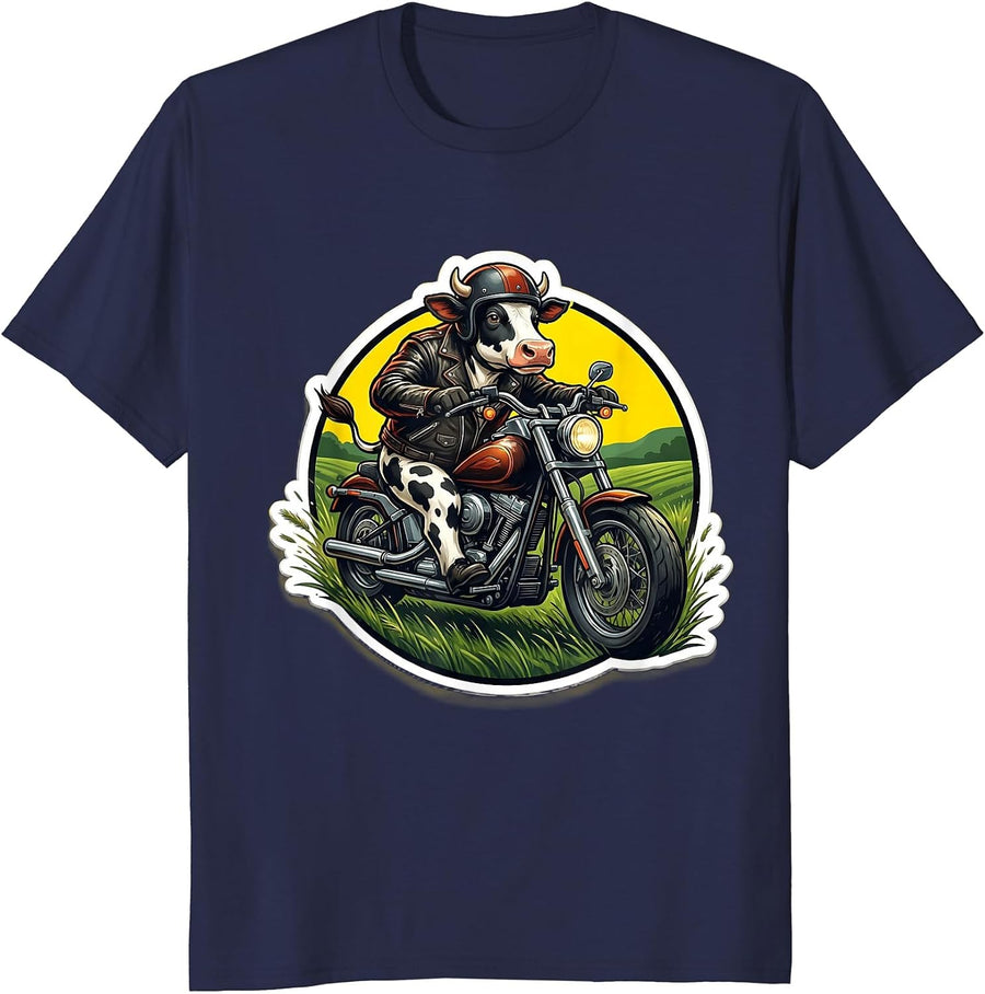 Cool Cow Riding Motorcycle Through Open Fields T-Shirt - Navy Blue