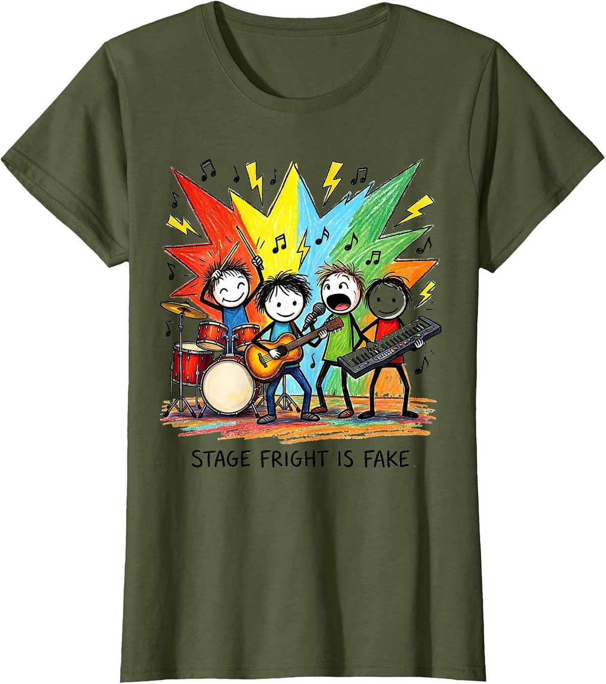 Women's Stage Fright Is Fake Bold Performer Design T-Shirt - Olive Green