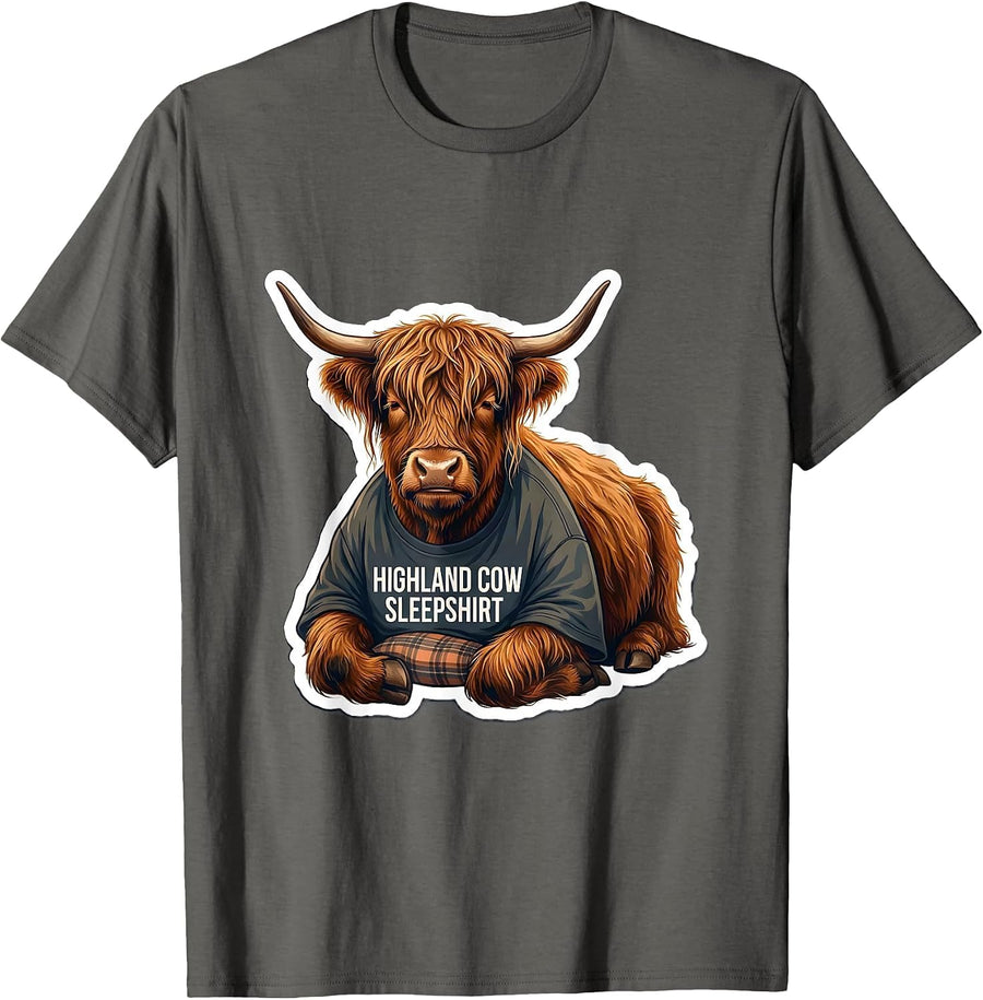 Highland Cow Sleepshirt Funny Cozy Cute Animal Lover Gift T-Shirt - Asphalt Grey