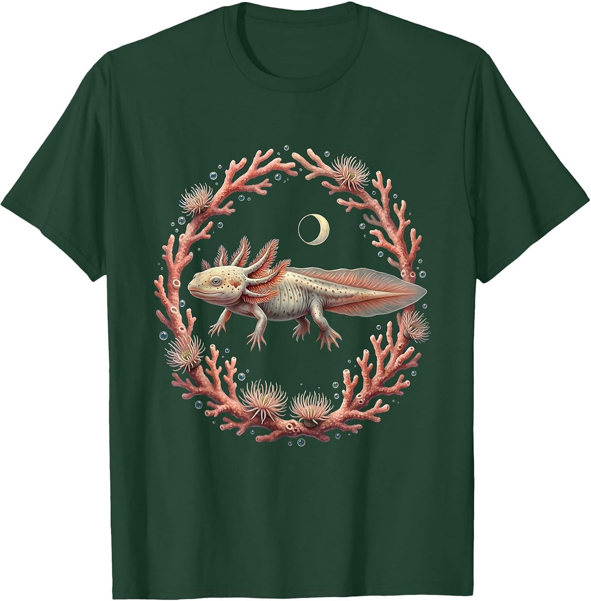 Axolotl Swimming Through Colorful Coral Reef T-Shirt - Dark Green