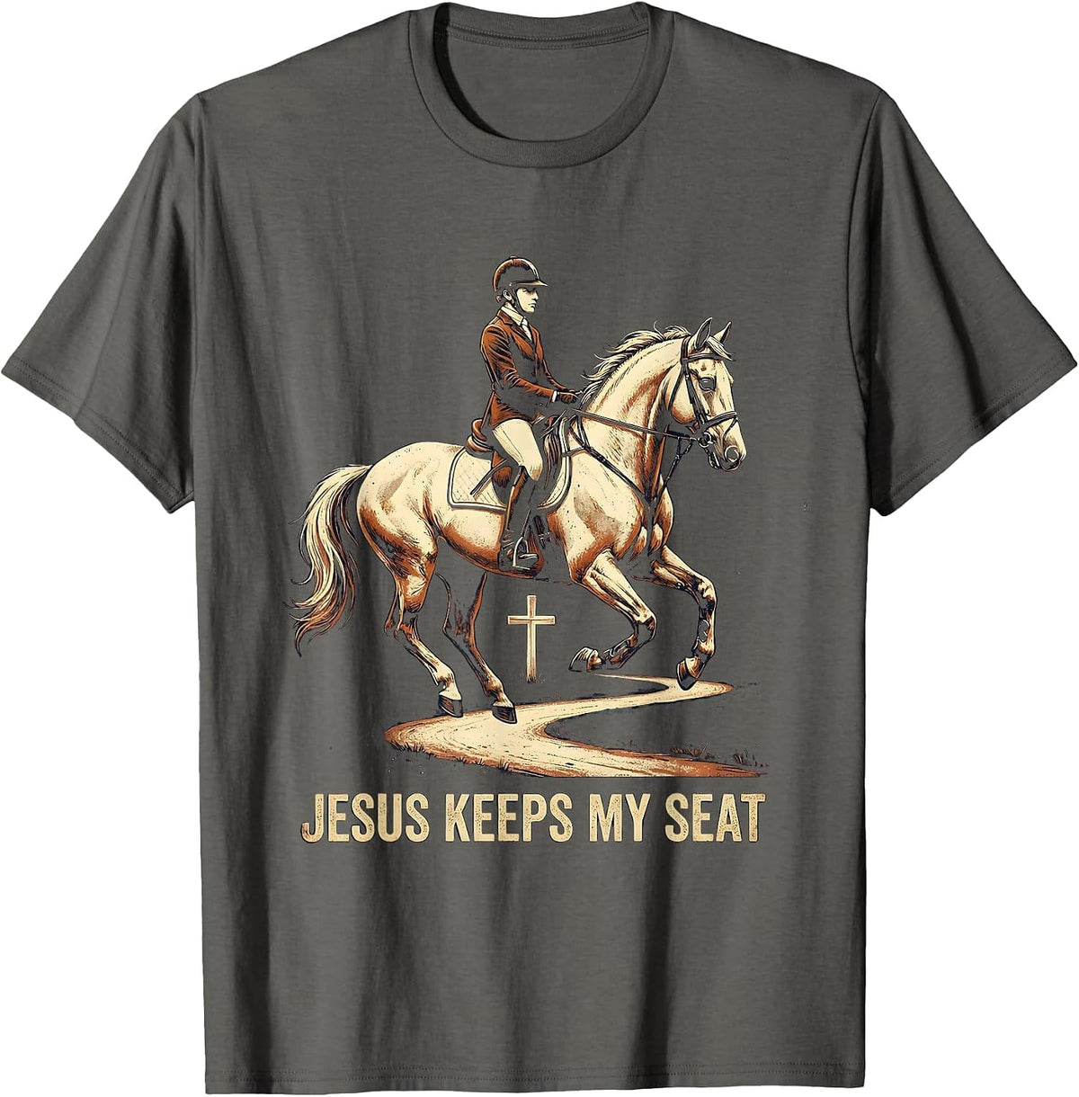 Jesus Keeps My Seat Vintage Equestrian Christian Gift T-Shirt - Asphalt Grey