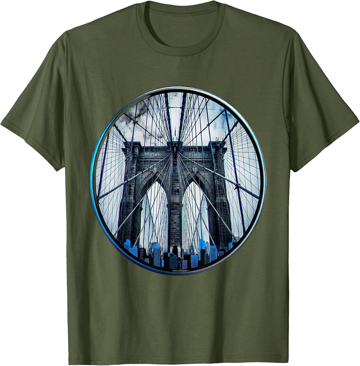 Brooklyn Bridge Foggy Skyline Illustration T-Shirt - Olive Green