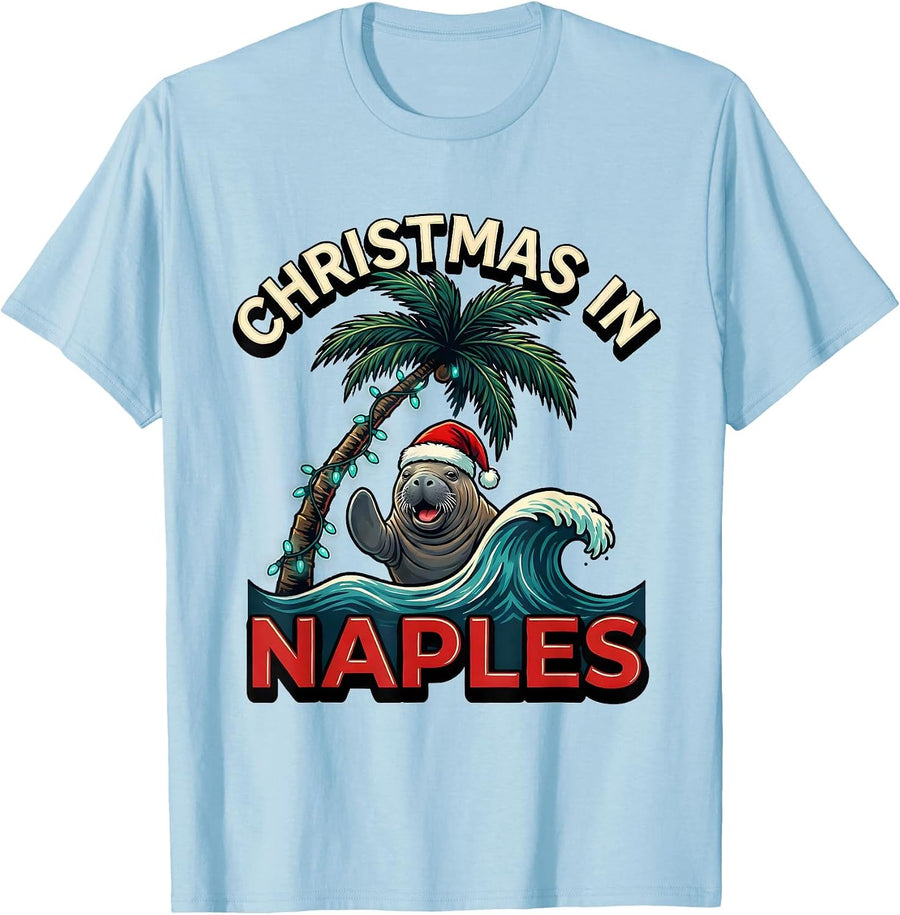 Men's Christmas In Naples Funny Tropical Beach Santa Hat Manatee T-Shirt - Baby Blue