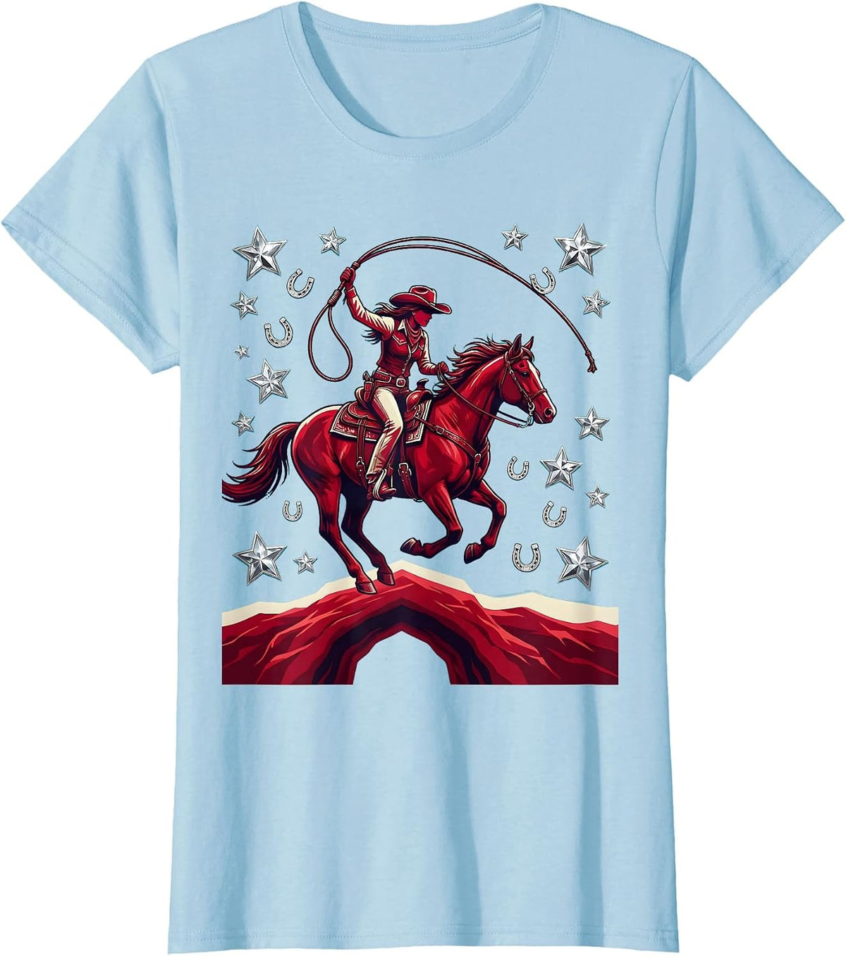 Women's Cowgirl on Horseback Canyon Dust Graphic T-Shirt - Baby Blue